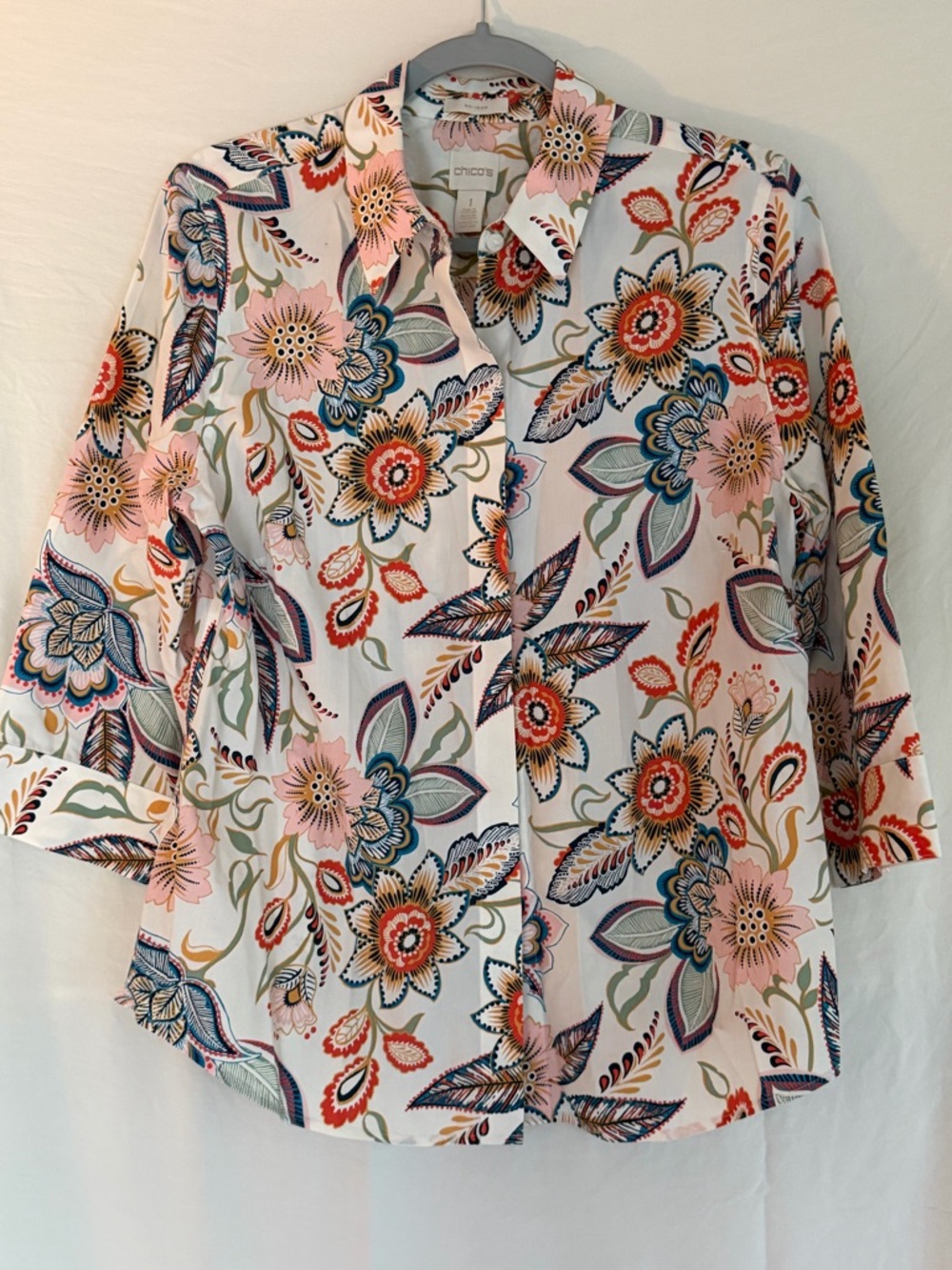 Chico's White Button-Front Floral Shirt with Pink & Blue Accents